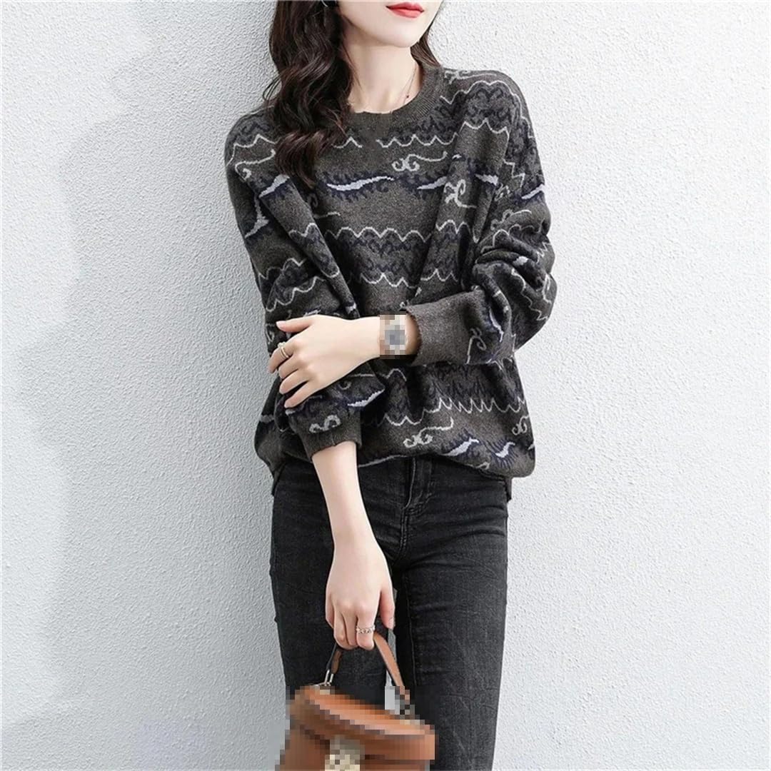 Jesienno-zimowa retro żakardowy sweter z dzianiny z okrągłym dekoltem damski na co dzień z długim rękawem wąski sweter top