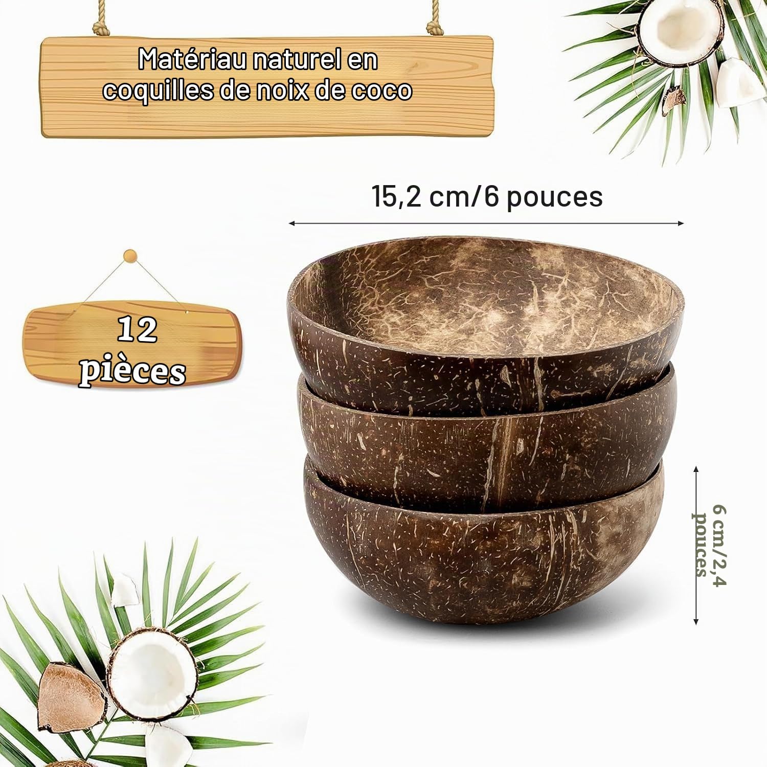 MALLOOM Lot de 12 bols en coquille de noix de coco, bols polis en bois 400 ml, bol naturels pour smoothie et açaï, bol Bouddha, idée cadeau vegan, décoration de cuisine