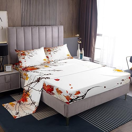 Erosebridal Juego de sábanas de otoño de Acción de Gracias, tamaño Queen, diseño de hojas de arce rojo y naranja, juego de sábanas de jardín de