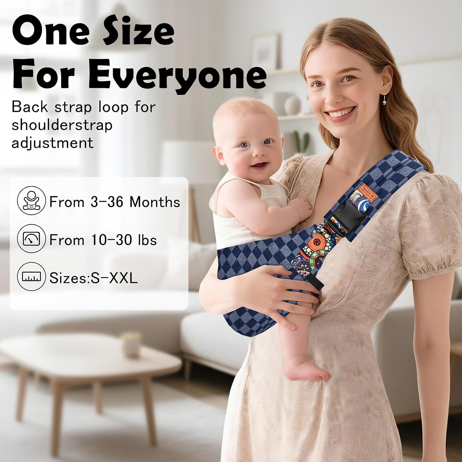 Baby Sling Carrier, Baby Carrier Newborn to Toddler with Adjustable Strap, Non-Slip Baby Half Wrapped Sling Hip Carrier 10-30lbs (Blue Square)
