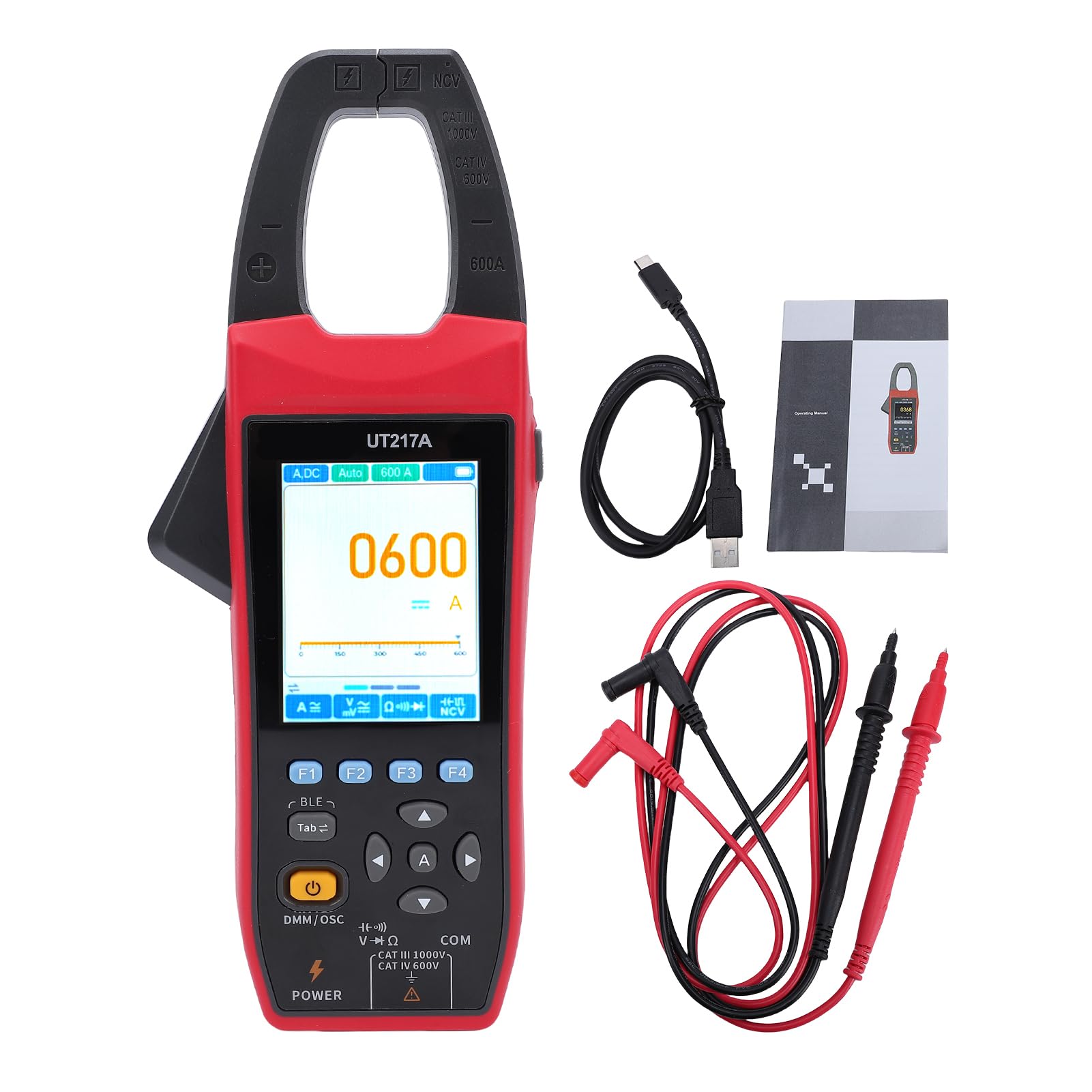 Osciloscopio Medidor de Abrazadera AC/DC True RMS 1MHz Ancho de Banda 600A 1000V Rango Automático para Ingenieros y Técnicos, Probador Voltaje Multifuncional 3 en 1 (UT217A)