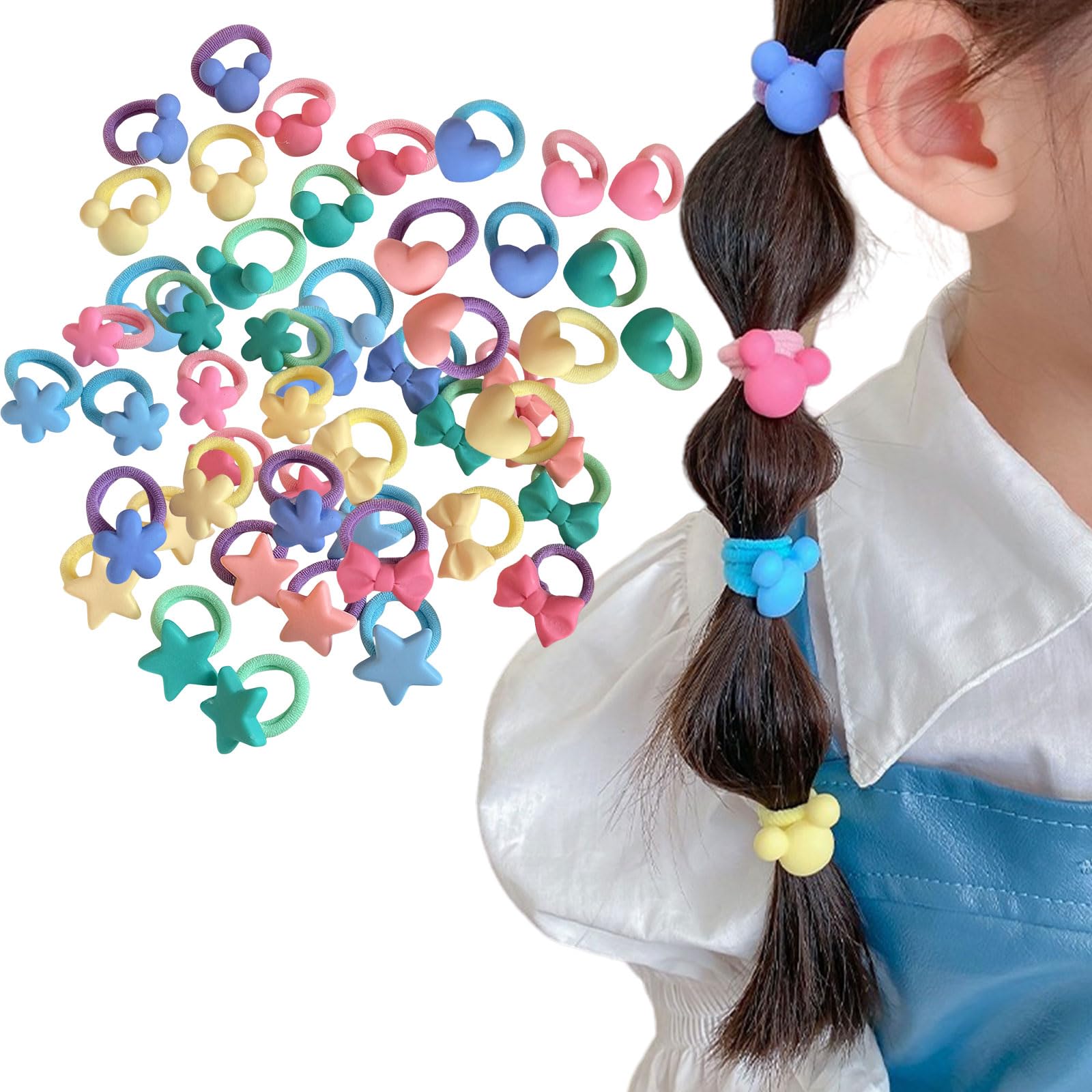 Kids Hair Bands,50PCS Seamless Bows Star Heart Flowers Toddler Elastic Hair Bobbles,Ponytail Holder Girls Hair Accessories for Baby Girls Infants Kids Children (Colorful Star Heart Bow)