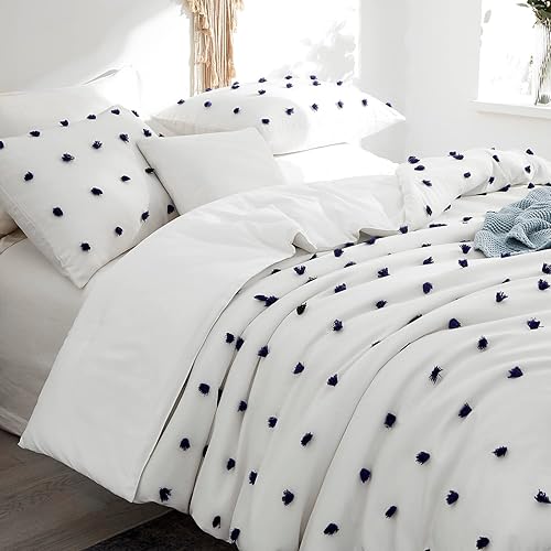Miniatura 4 de Stuaa - Juego de edredón individual, reversible con pompón azul marino, edredón de relleno alternativo para todas las estaciones (blanco y azul