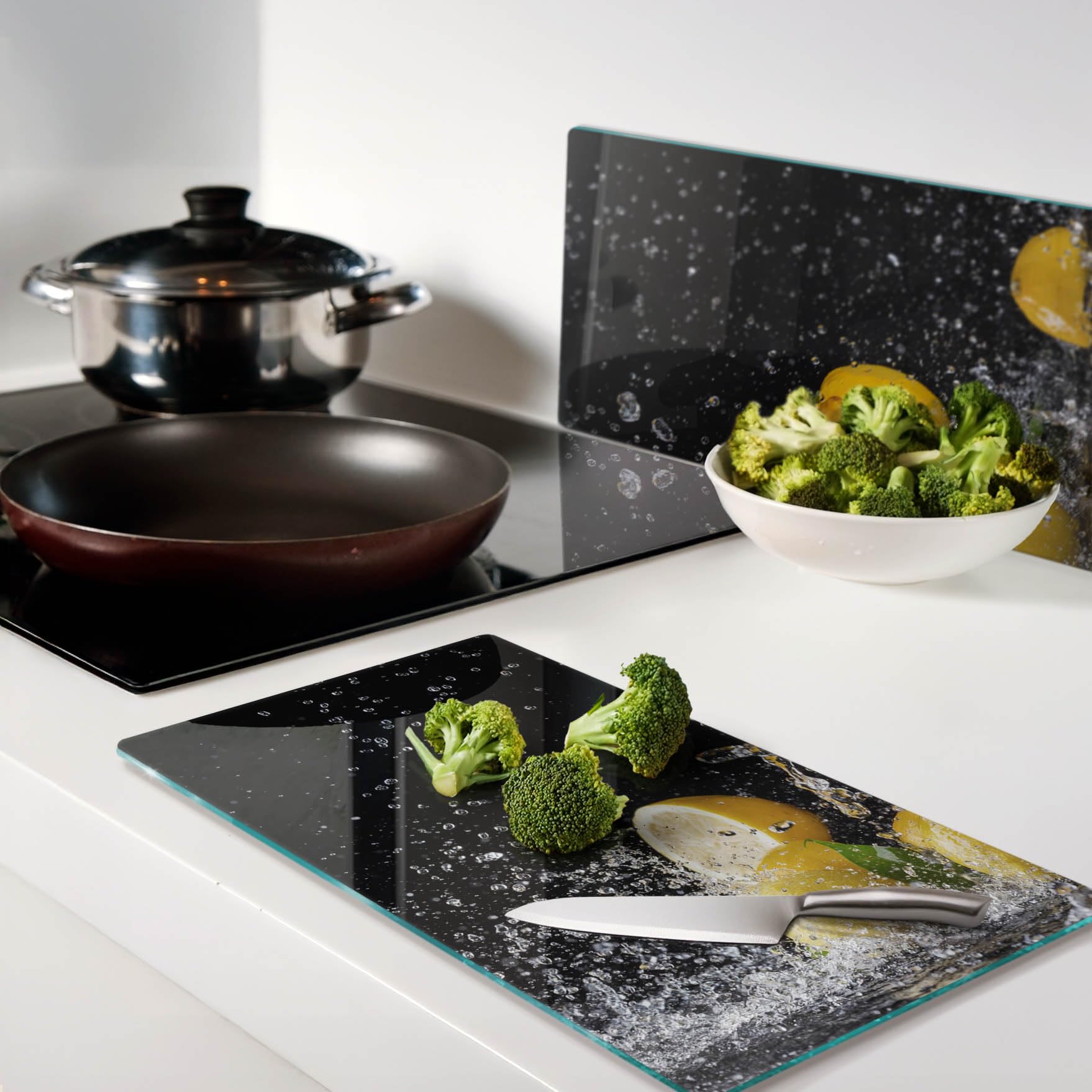 Tabla para Cortar de Cristal 2x30x52 cm Fina Decorativa Patas de Silicona para Encimera de Cocina Higienicas de Vidrio Templado Resistente Placa de Corte 2 Unidades - Limones y agua