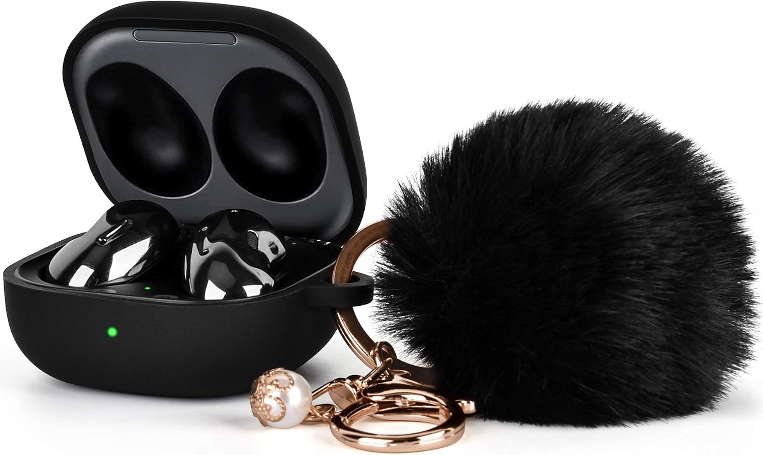 Filoto Case for Samsung Galaxy Buds 2 / Buds Live/Buds Pro/Buds 2 Pro, Cute Silicone Earbuds Protective Case Cover with Pompom Keychain Accessories for Women Girls (Black)