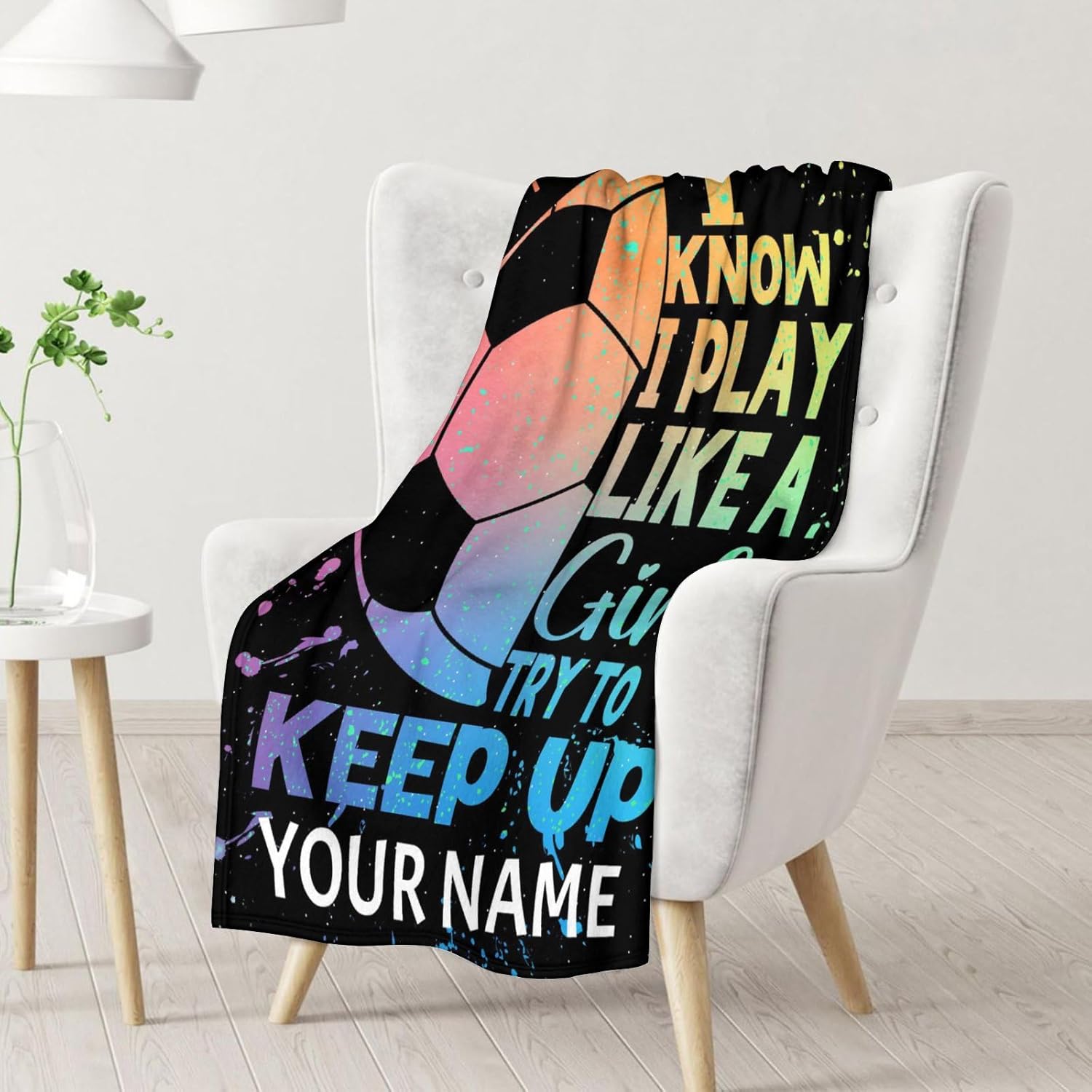 Personalized Soccer Blanket Gifts with Name - 50"x60" Sports Throw Blanket for Girls - Black Soft Fuzzy Blankets for Bed, Couch & Living Room