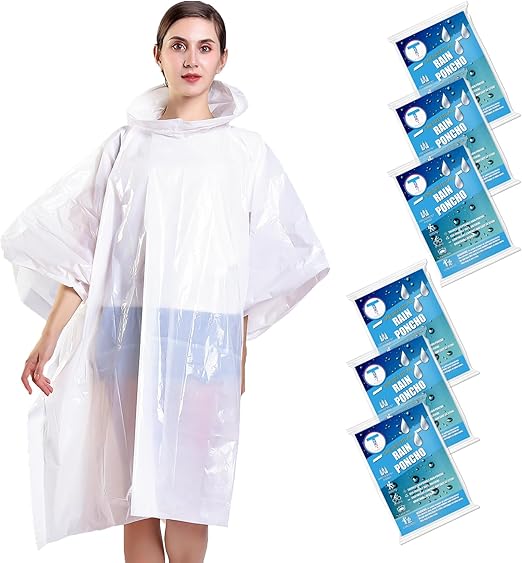 Disposable Rain Ponchos 6 Pack for Adults/Kids/Family Set-50% Thicker Emergency Ponchos