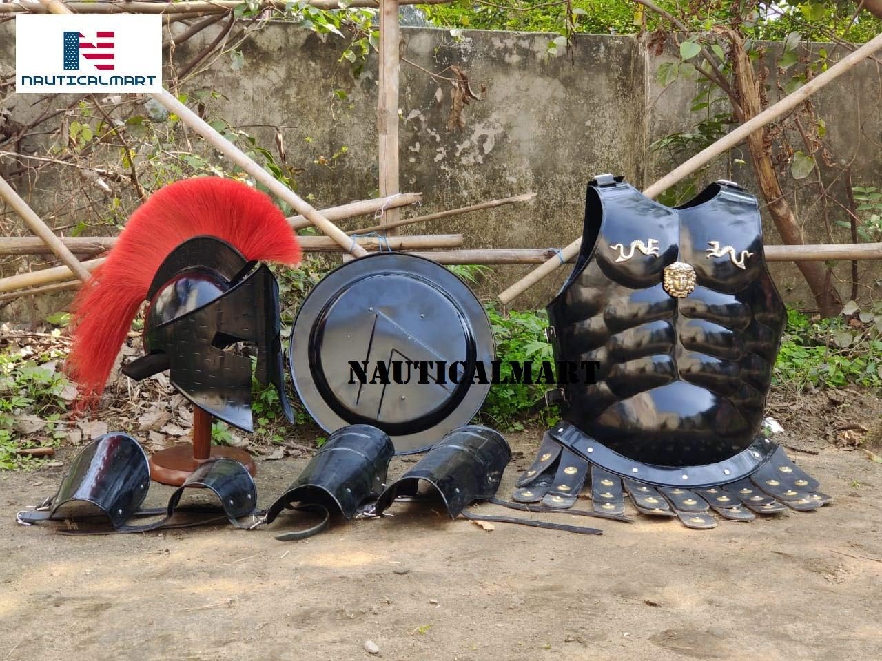 Medieval Roman King Leonidas 300 Spartan Helmet W/Red Plume + Muscle Armor + Shield + Leg Or Arm Guard by NauticalMart