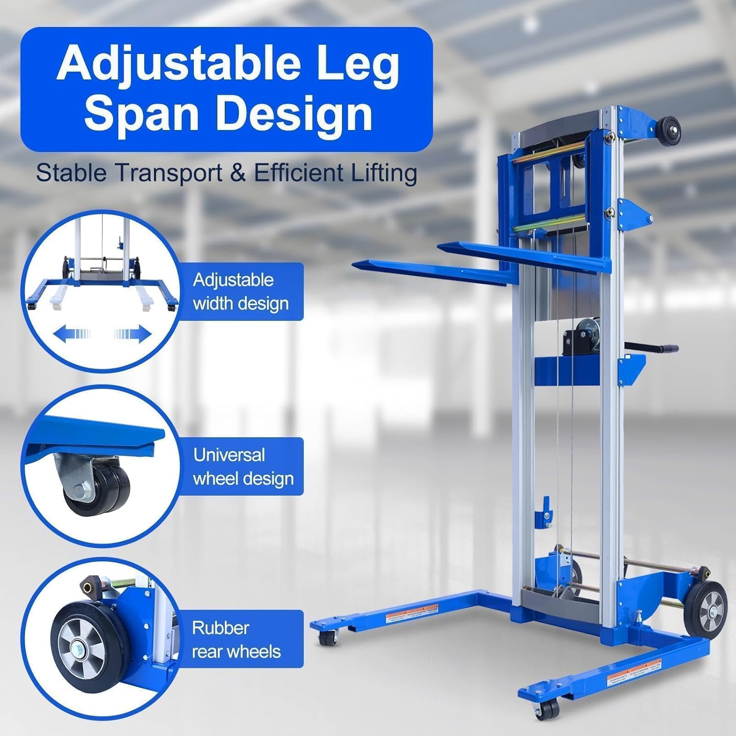 Material Lift Winch Stacker, 1.97"-70" Height Range, 500 lbs Capacity, 42.90"L x 43.30"W, Adjustable Straddle Hand Winch Lift Trucks for Warehouse, Factory