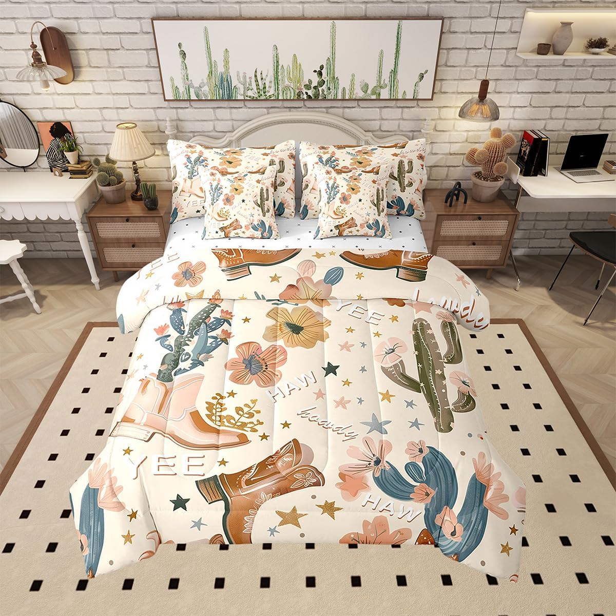 Manfei 7pcs Cowgirl Comforter Set Twin Size, Country Western Cowboy Boots Bedding Set with Sheets for Kids Girls Teens Room Decor, Wild West Cactus Flower Bed in a Bag Cute Cartoon Brown Bed Set