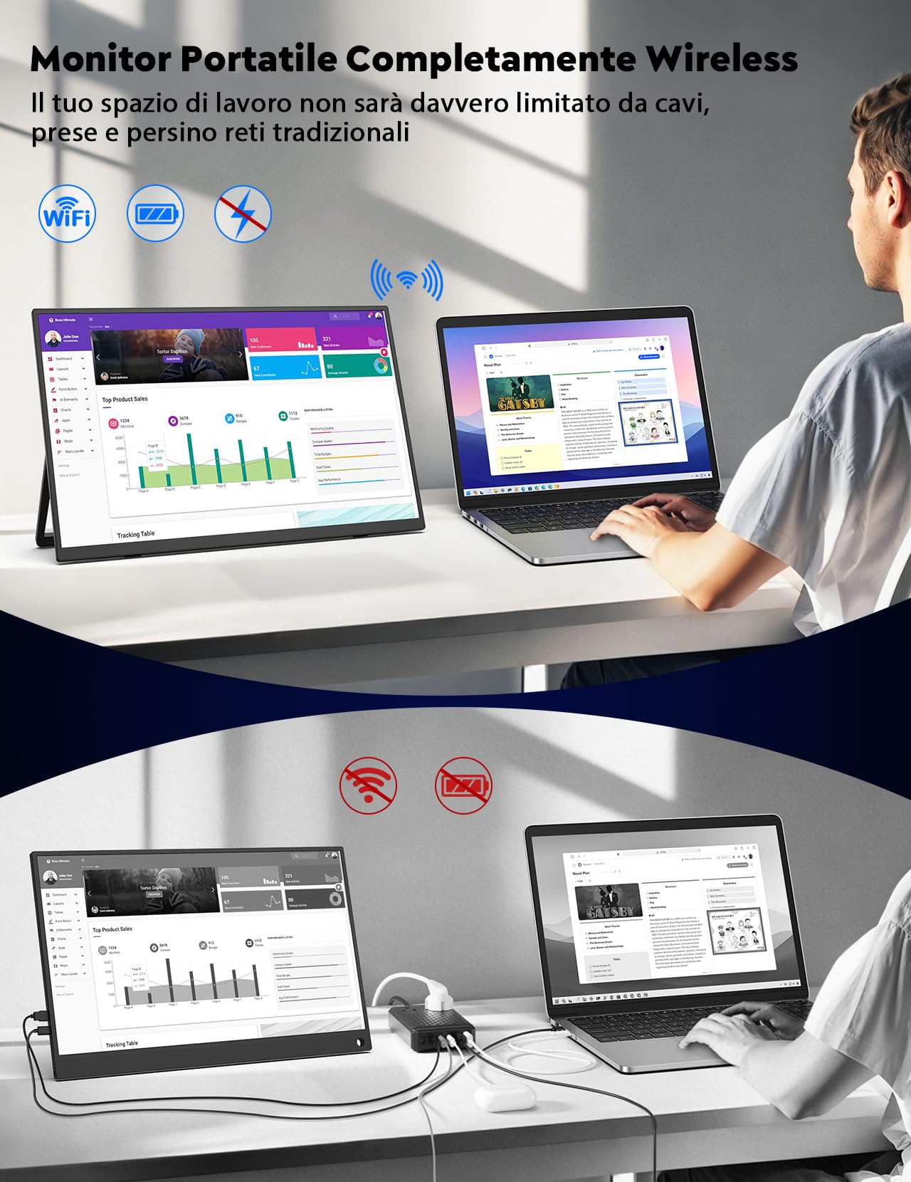 8000mAh Monitor Portatile Wireless (WiFi)，15,6" IPS 1920×1080 FHD Schermo Portatile Batteria Integrata, Monitor Portatil Wireless, Supporto AirPlay/Miracast, per Laptop/PC/Mac/Telefono/Tablet