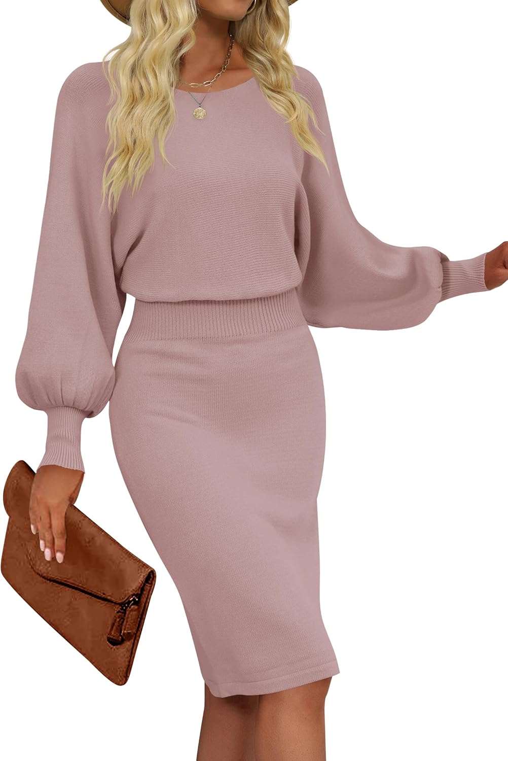 MIROL Women's Casual 2025 Long Puff Sleeve Solid Bodycon Midi Dress Ribbed Knit Oversized Pullover Sweater Dress