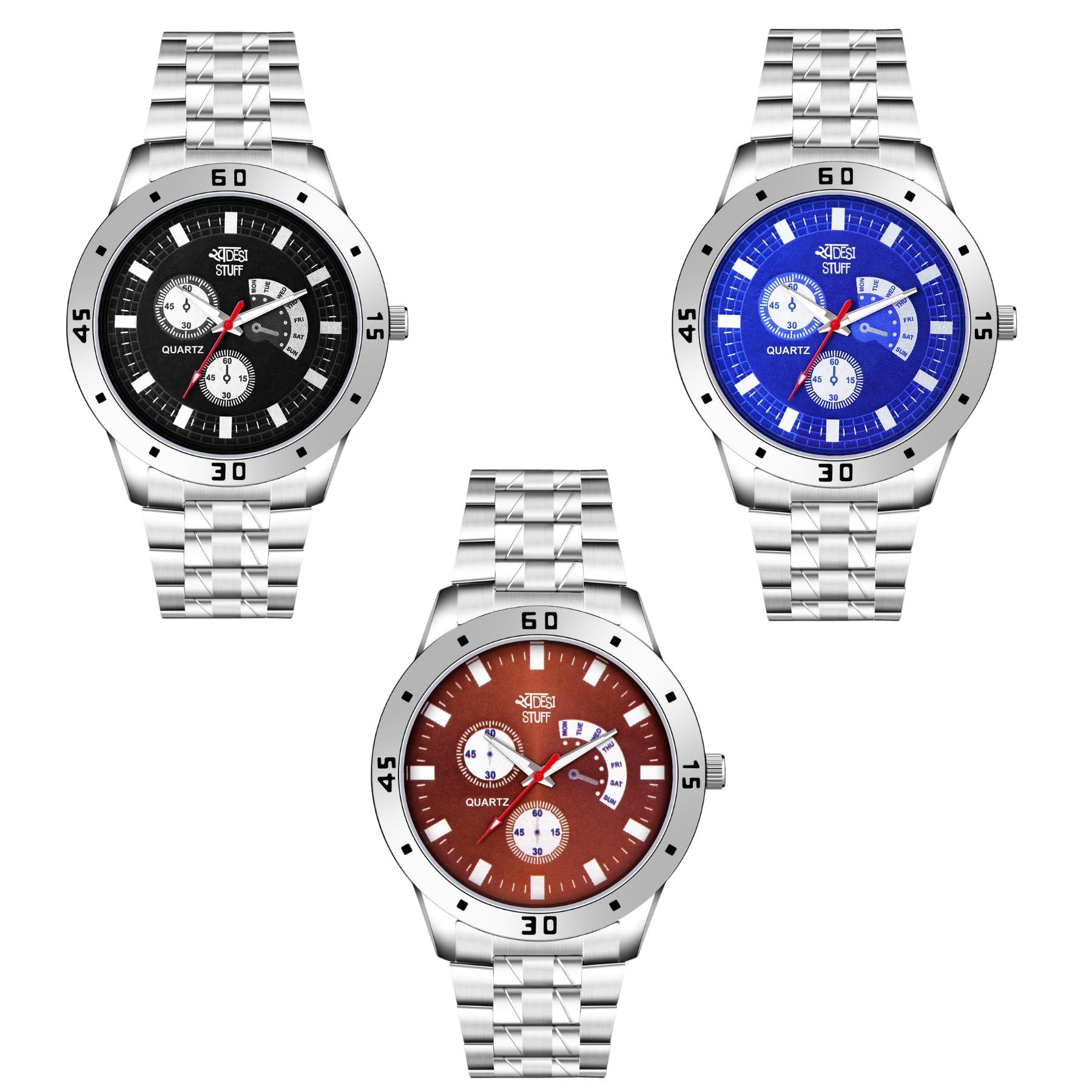 SWADESI STUFF Mens Quartz Analogue Watch, Stainless Steel, 35mm Case, Blue/Black/White Dial Combo of 3 Watches (Black Blue Orange) (B0DF5CB9FH) Amazon Price History, Amazon Price Tracker