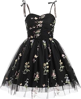 Sleeveless Spaghetti Strap Short Homecoming Dresses for Teens Flower Embroidery Tulle Dress for Women Floral Fairy Dress