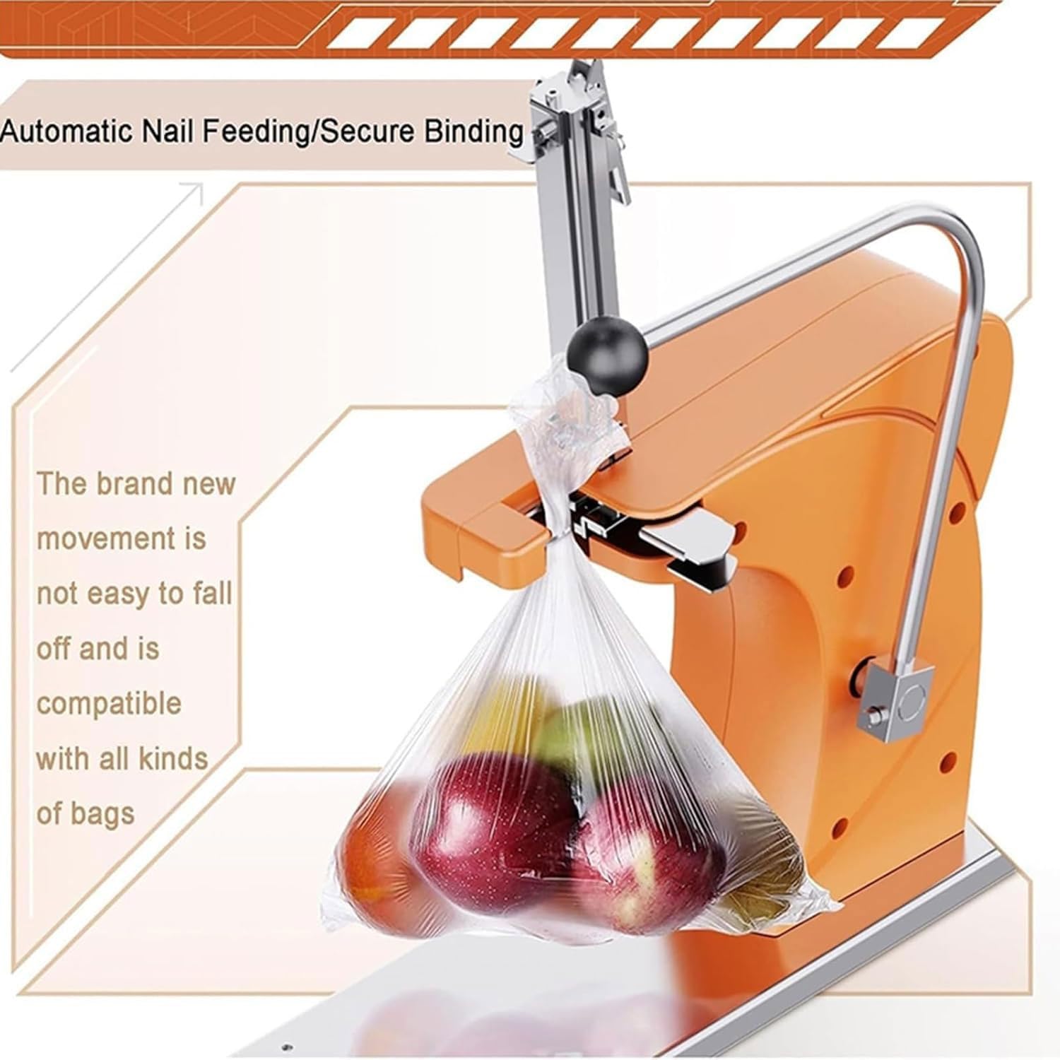 Pinning macchina manuale in alluminio per legare sacchetti, 600 chiodi in alluminio, diametro 70 mm, ideale per fabbriche alimentari, supermercati e uso al dettaglio