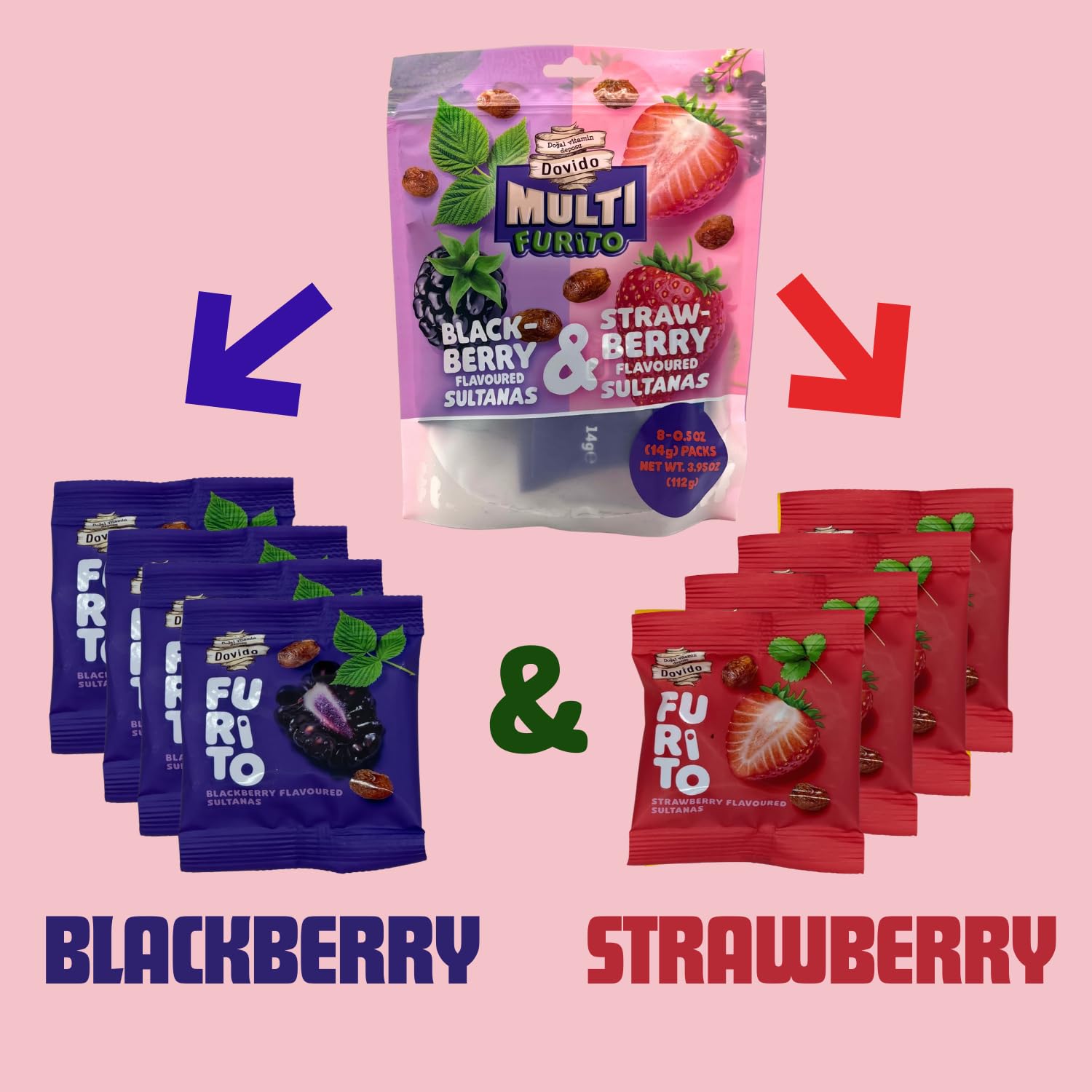 Dovido Multi Furito Naturally Flavoured, Raisins Variety Pack, Perfect for School Lunches, 0.5 Oz (Pack of 8), Gluten Free, Vegan (Pack of 4, Strawberry - Blackberry)