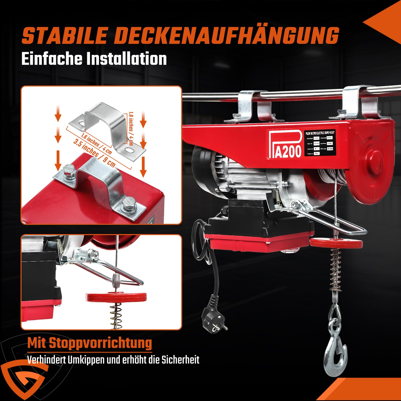 Seilwinde Elektrisch 230v 100/200 kg Tragkraft 12m Hubhöhe Stahlseil inkl.10m/min Hubgeschwindigkeit mit kabelloser Fernbedienung(100m) MOBILE Seilzug elektrisch Seilhebezug Hebezug