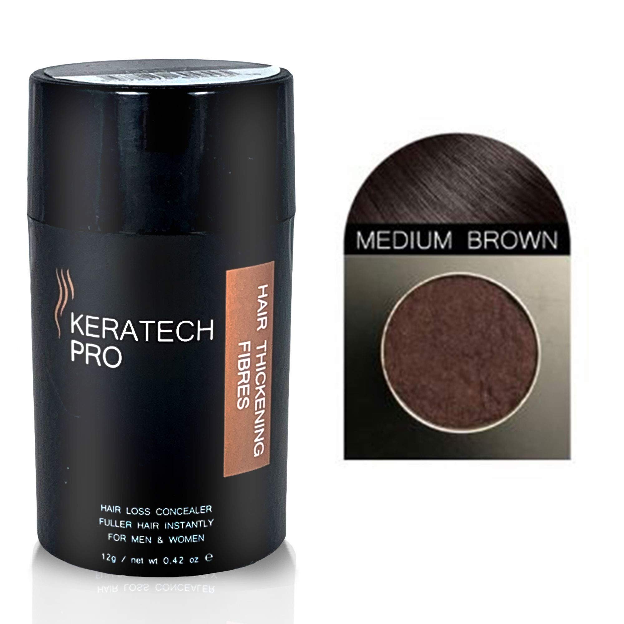 Hair Thickening Fibres by Keratech Pro 12ml | Instantly Fuller and Thicker hair | Advanced 100% Natural Keratin formula | (Medium Brown)
