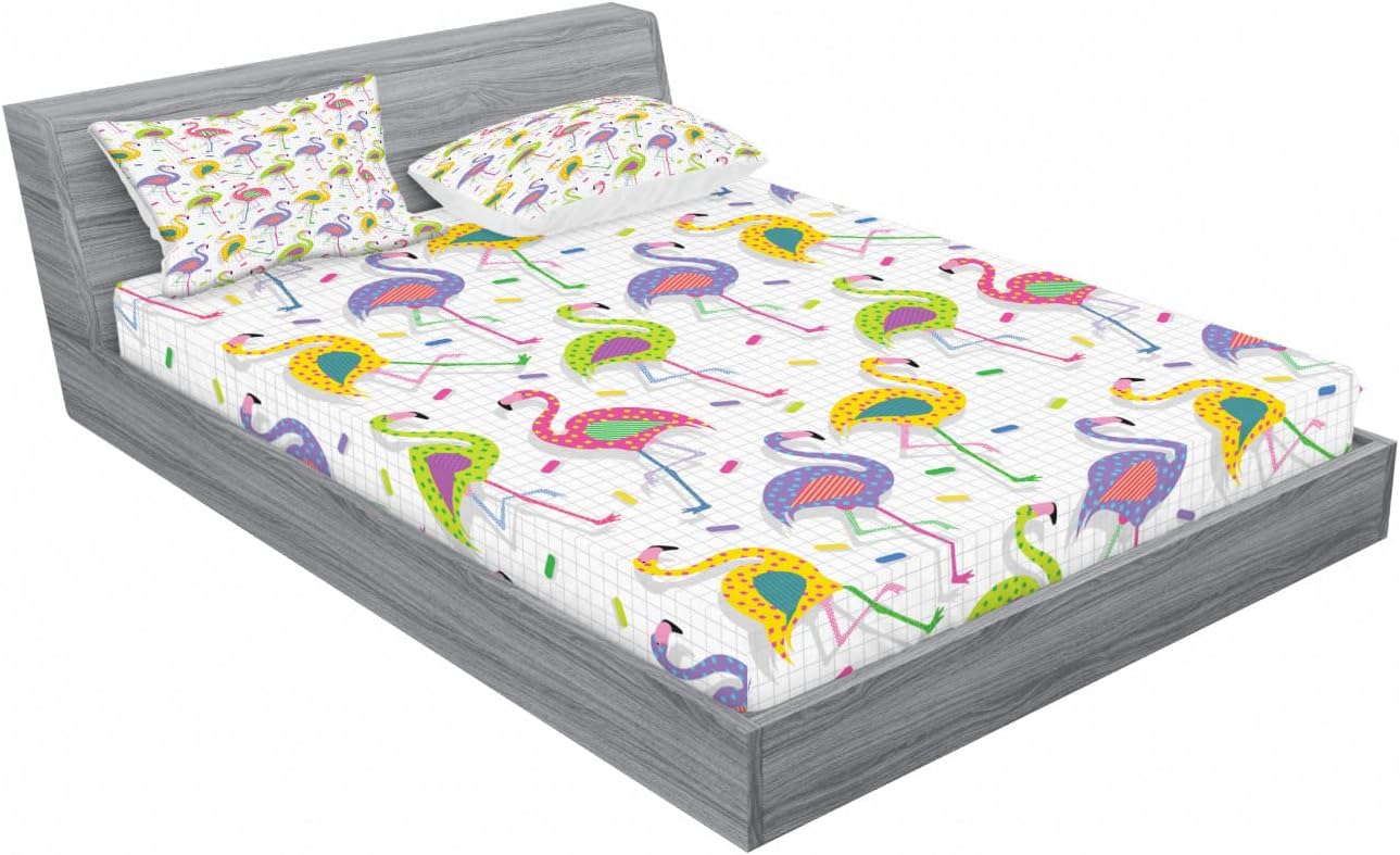 Ambesonne Flamingo 2 Pack Fitted Sheet & Pillow Sham Set, Retro Colorful Pattern, 4 Pcs Bedding Decor, Package Contains 2 Queen Size Fitted Sheets & 4 Pillow Covers, Multicolor