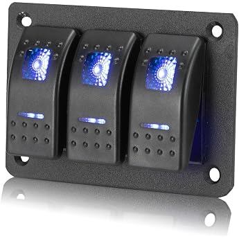 3 Gang Switch Panel On/Off Toggle Switch Panel Waterproof 12 V/24 V Rocker Switch Panel with Blue LED Light and DIY Sticker Labels for Boat Car Marine Caravan Yacht Truck Motorhome