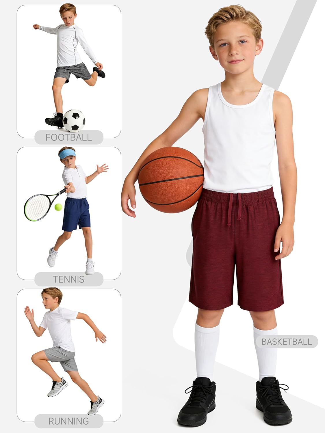 QWE 5 Pack Boys Athletic Shorts Basketball Soccer Active Gym Kids Dry-Fit Youth Shorts with Pockets