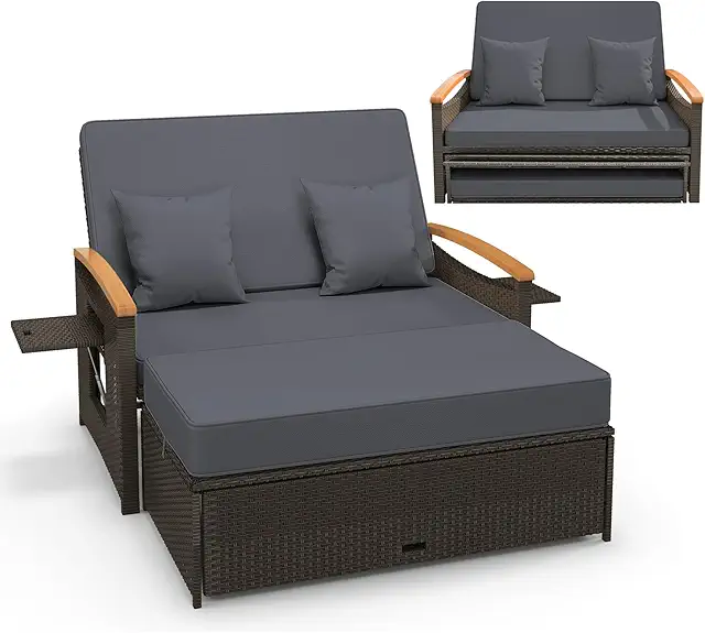 Grey Wicker Daybed with Adjustable Backrest, Storage Ottoman & Side Trays