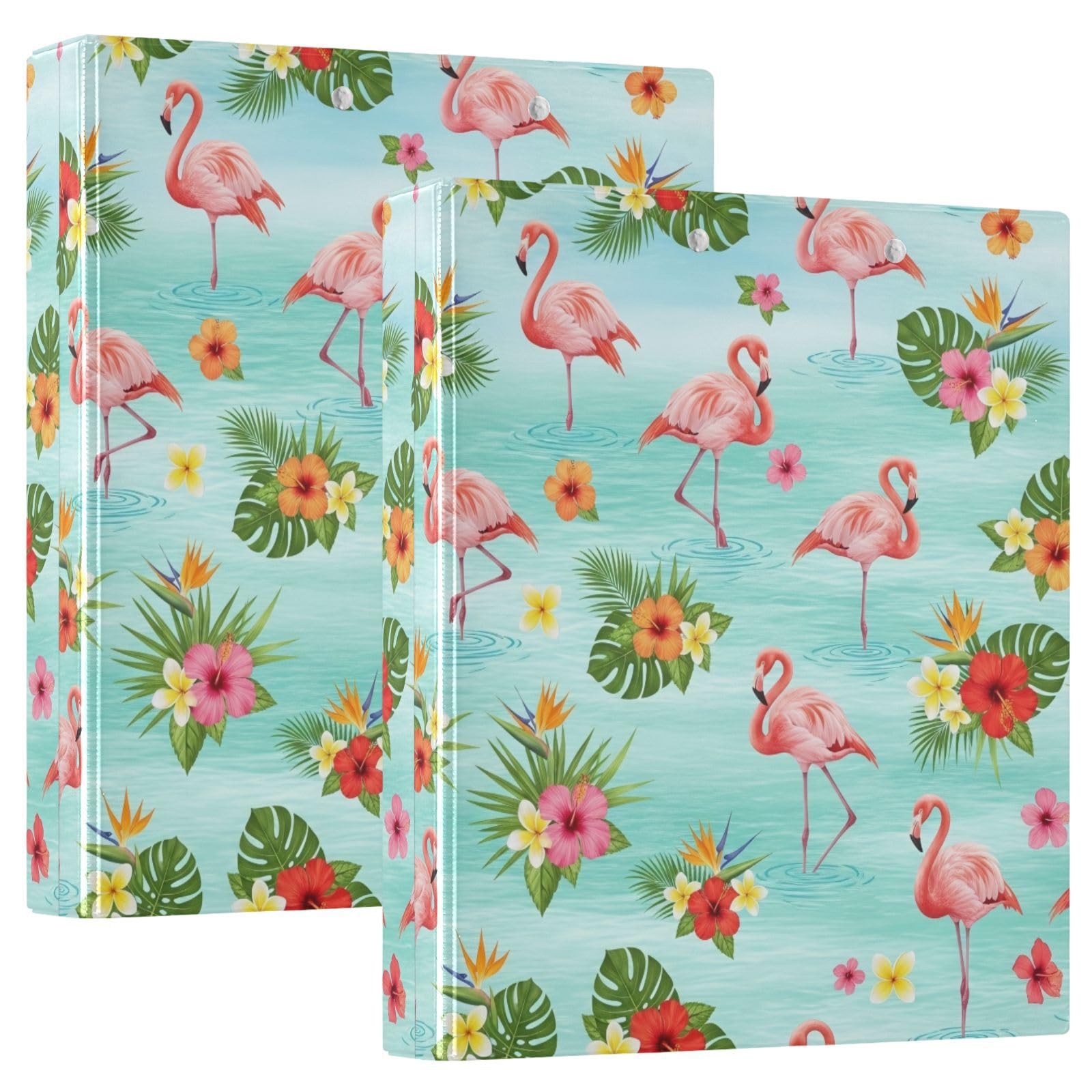 Raccoglitore ad anelli a D con 3 anelli, motivo fiori tropicali, fenicotteri rosa, verde, con portablocco grande, 3 raccoglitori per scuola, università, ufficio (confezione da 2)