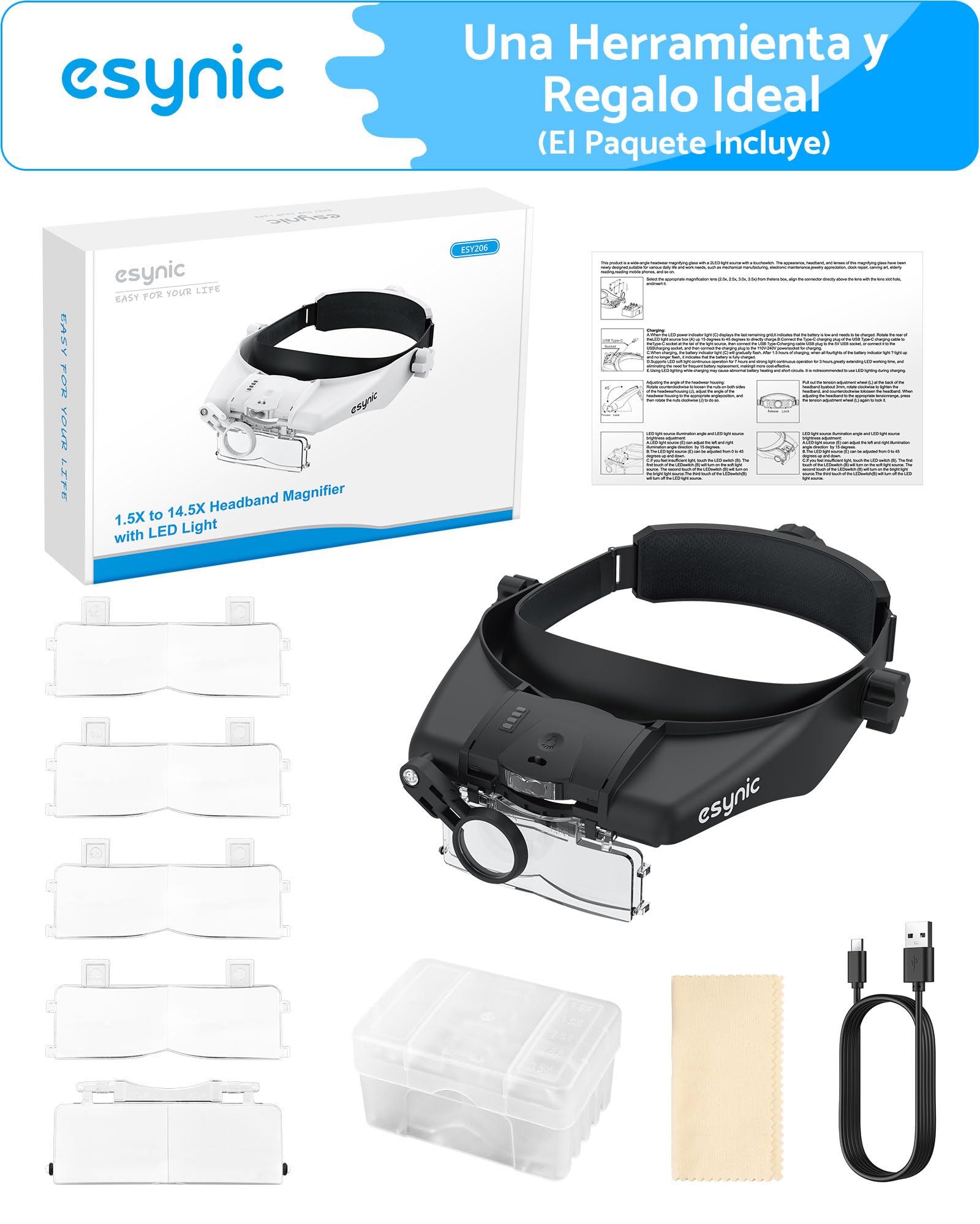 eSynic Gafas de Lupa Recargable con Luz Lupas de Gran Aumento 1.5X-13X con 5 Lentes Ajustable Gafas de Aumento Lupa con Control Táctil e Indicador de Batería para Manualidades,Leer,Coser,Joyería