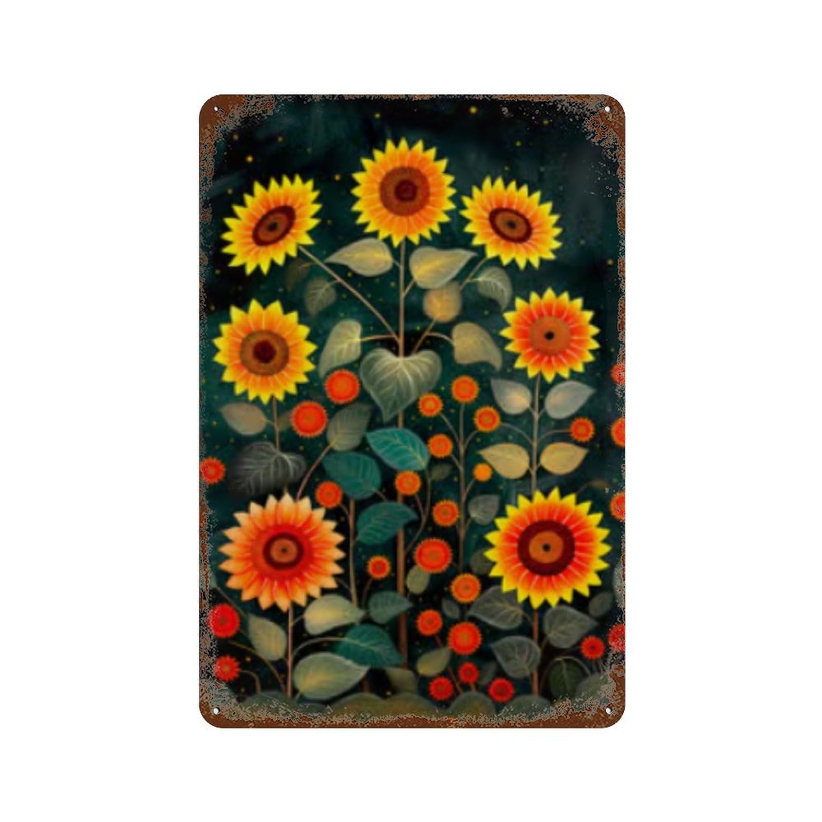 Sunflower Garden Painting 11.8"x7.9" Rust Effect Tin Sign, Vintage Wall Decor for Farmhouse, Kitchen And Entryway Decor