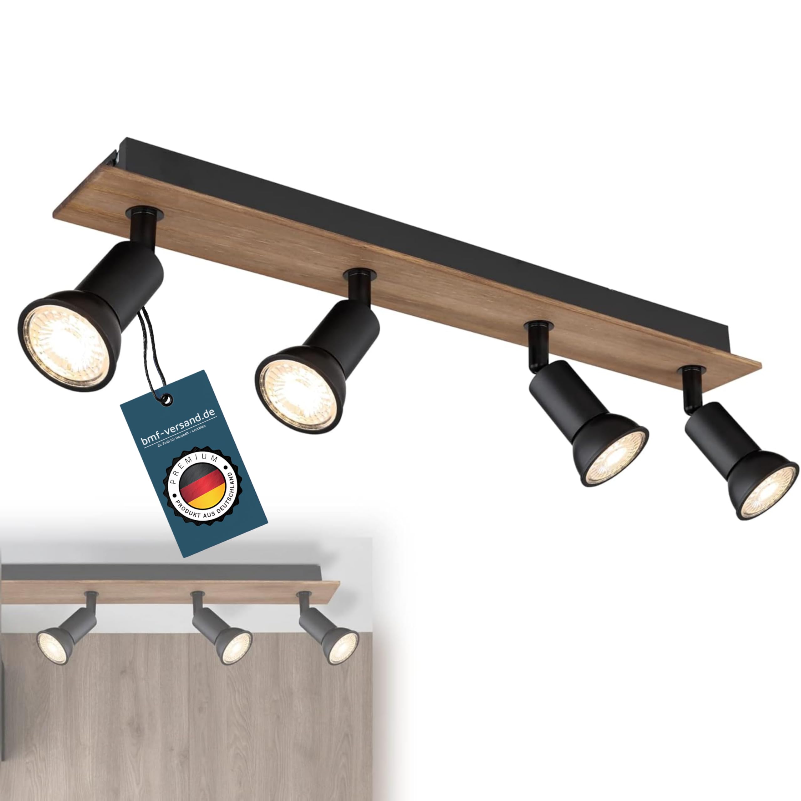Deckenstrahler 4 Flammig Schwenkbar - Deckenleuchte mit 4 Spots Schwarz Holz Optik - Deckenlampe Wohnzimmer Modern - Strahler Küche Fassung GU10