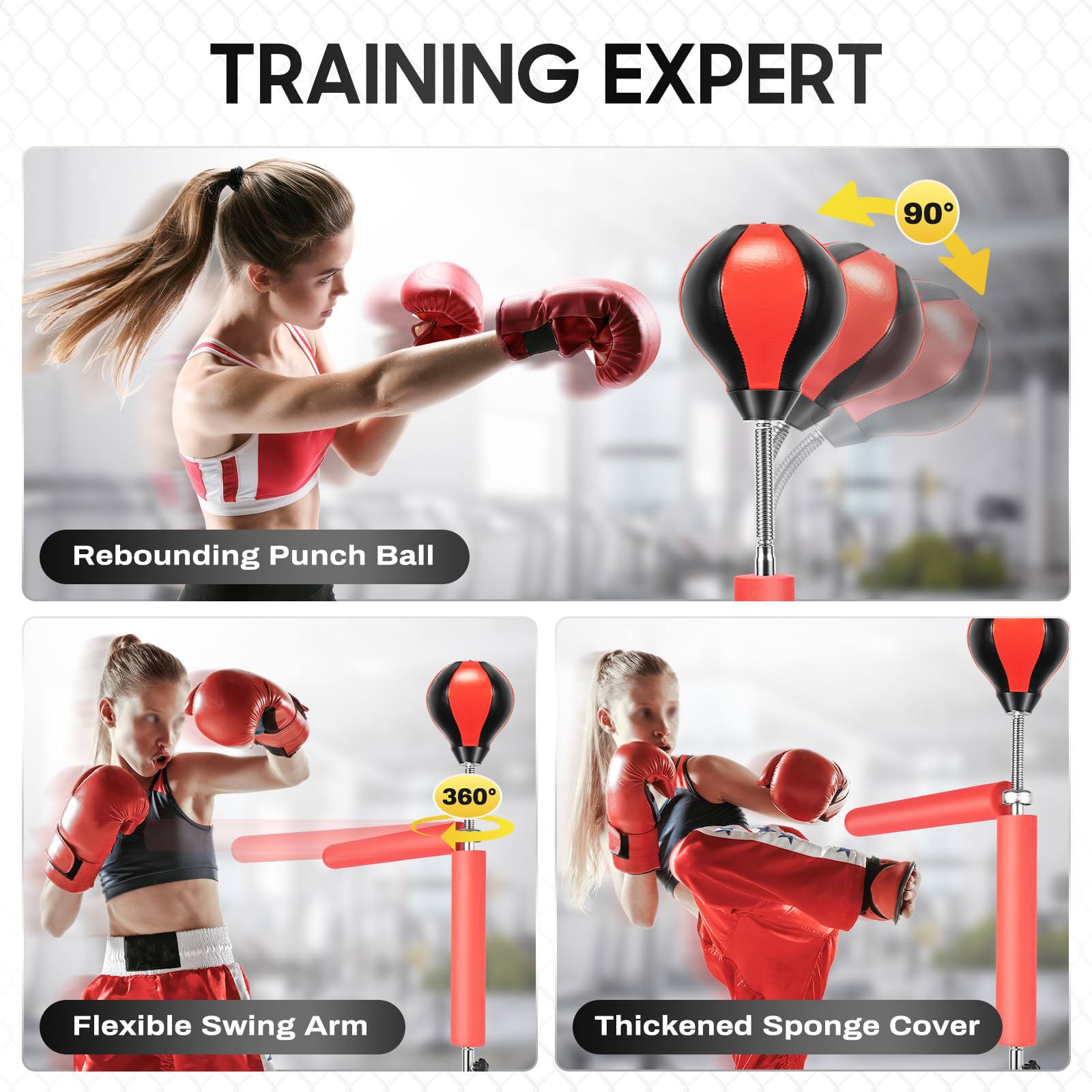 Punchingball Stand de frappe réglable en hauteur, poire de boxe avec support pour adultes et enfants – Entraîneur de boxe debout avec bras pivotant à 360°, pieds ventouses et socle remplissable, avec