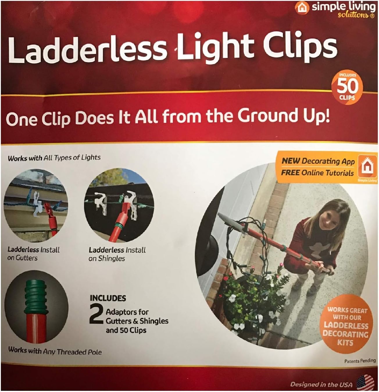 Ladderless Light Clips (50 Count) Includes 2 Adapters for Gutters and
