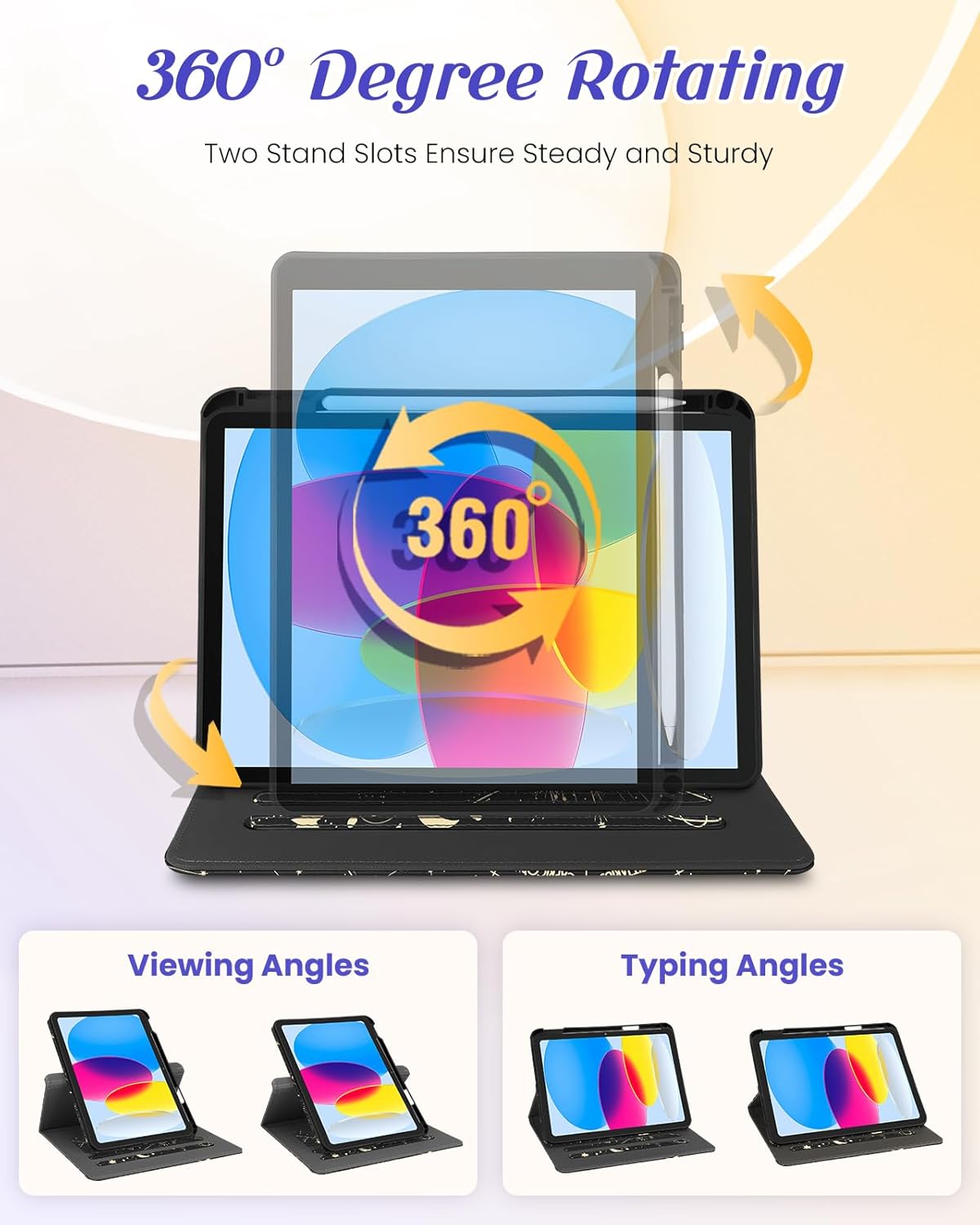 Kidcube for iPad 10th Generation Case 2022, for iPad (A16) Case 11th Generation 2025 - Women Girls Cute Rotating Stand Folio Cover with Pencil Holder & Card Slot Girly Sun Moon Star Design Teens Cases - Image 5