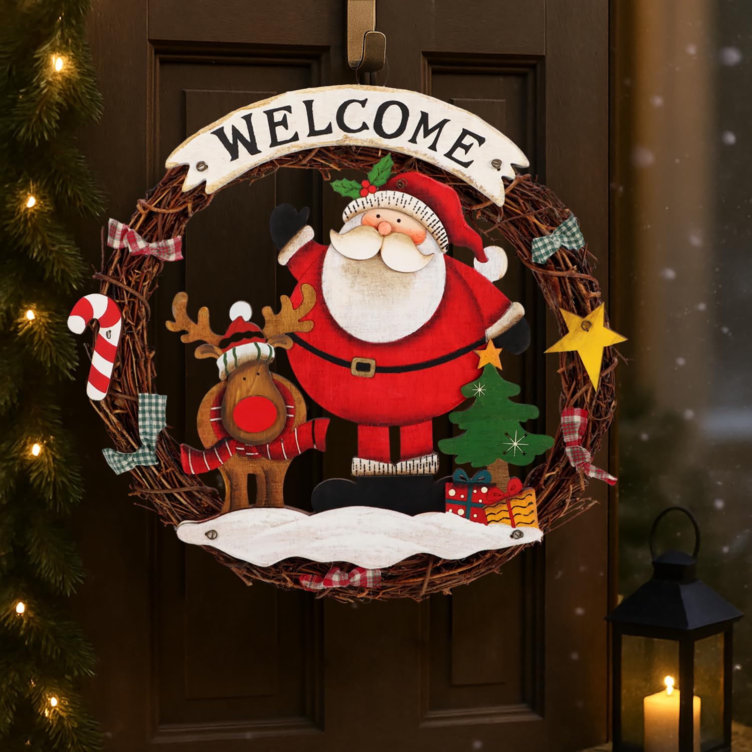 COM-FOUR® Corona navideña Trenzada - Corona de Puerta Welcome para Navidad - Decoración navideña para Colgar - Corona de Madera Aprox. Ø 30 cm (Papá Noel - L)