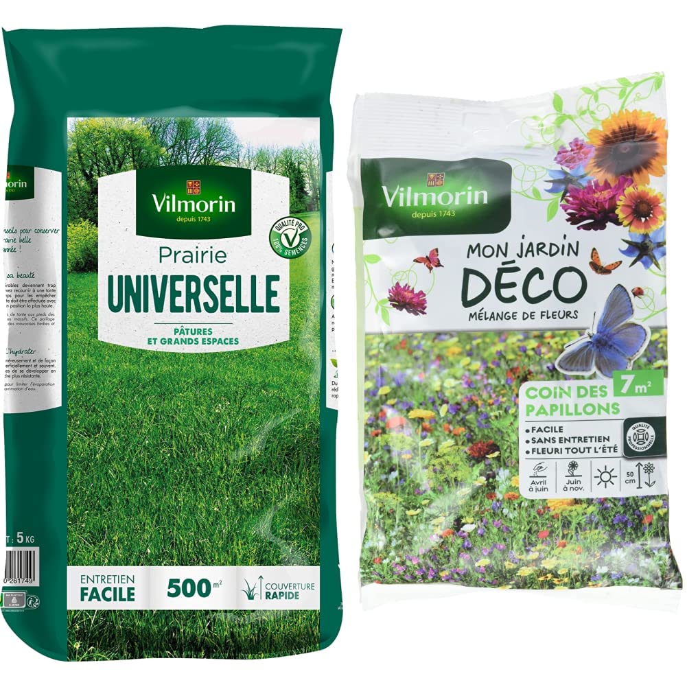 VILMORIN - Prairie Universelle - Pour pâtures et grands espaces - Entretien facile - Couverture rapide - 5 Kg = 500 m² de Prairie & 5867607 Pack de Graines Mélange de Fleurs Coin des Papillons 7 m²