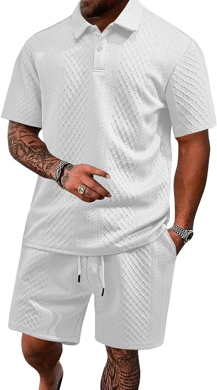 Men's 2 Pieces Set Fashion Summer Outfit Textured Jogging Tracksuit Short Sleeve Polo Shirt and Shorts