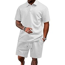 Mens 2 Pieces Outfits Textured Polo Shirt and Shorts Set
