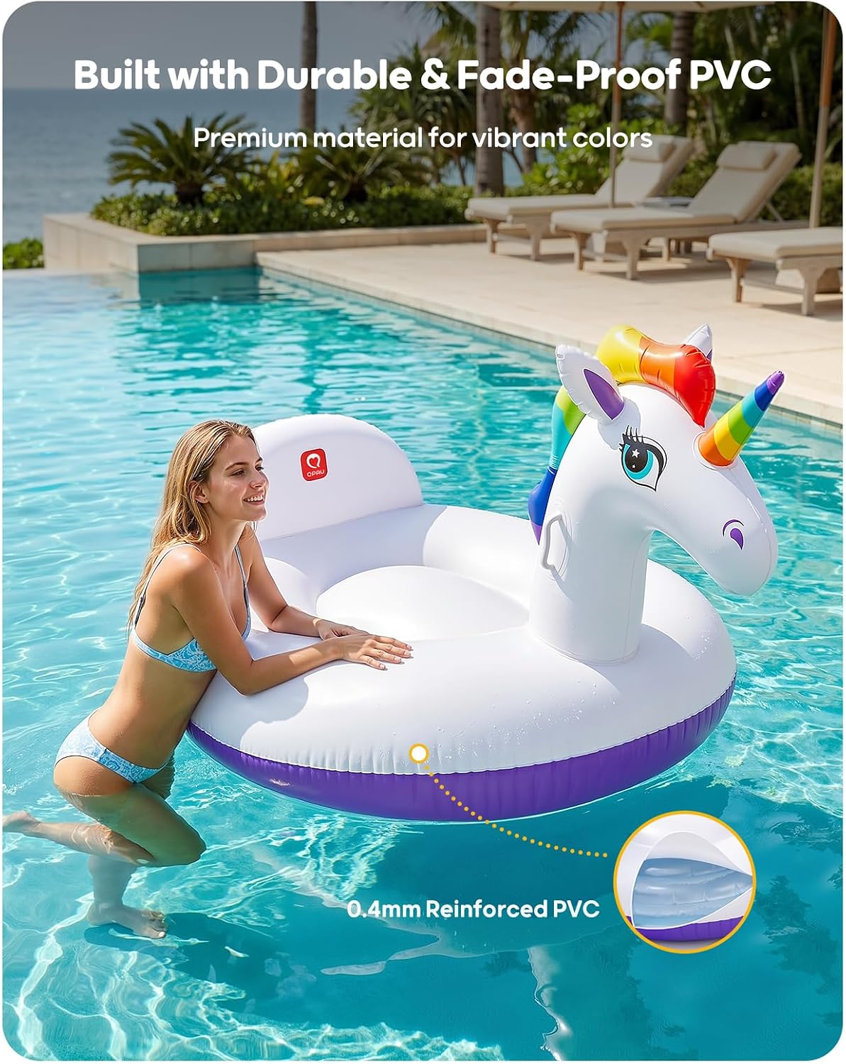 QPAU Unicorn Pool Float, Rainbow Inflatable Pool Float for Adults & Kids, Animal Pool Float for Swimming Pool, Beach & Lake