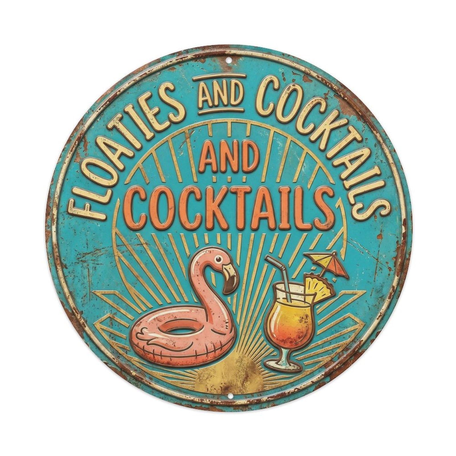 Floaties Tropical Cocktail Bar Resort Vintage Poolside Metal Tin Sign Plaque Wall Decor for Cafe, Man Cave, Club Bar, Office, Home Garden Round Metal Poster 8x8Inch