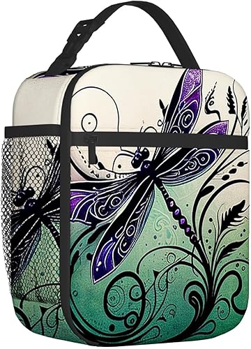 OOZ Lonchera aislada para mujeres y hombres, linda libélula en negro y morado, reutilizable, a prueba de fugas, para adultos, oficina, almuerzo,