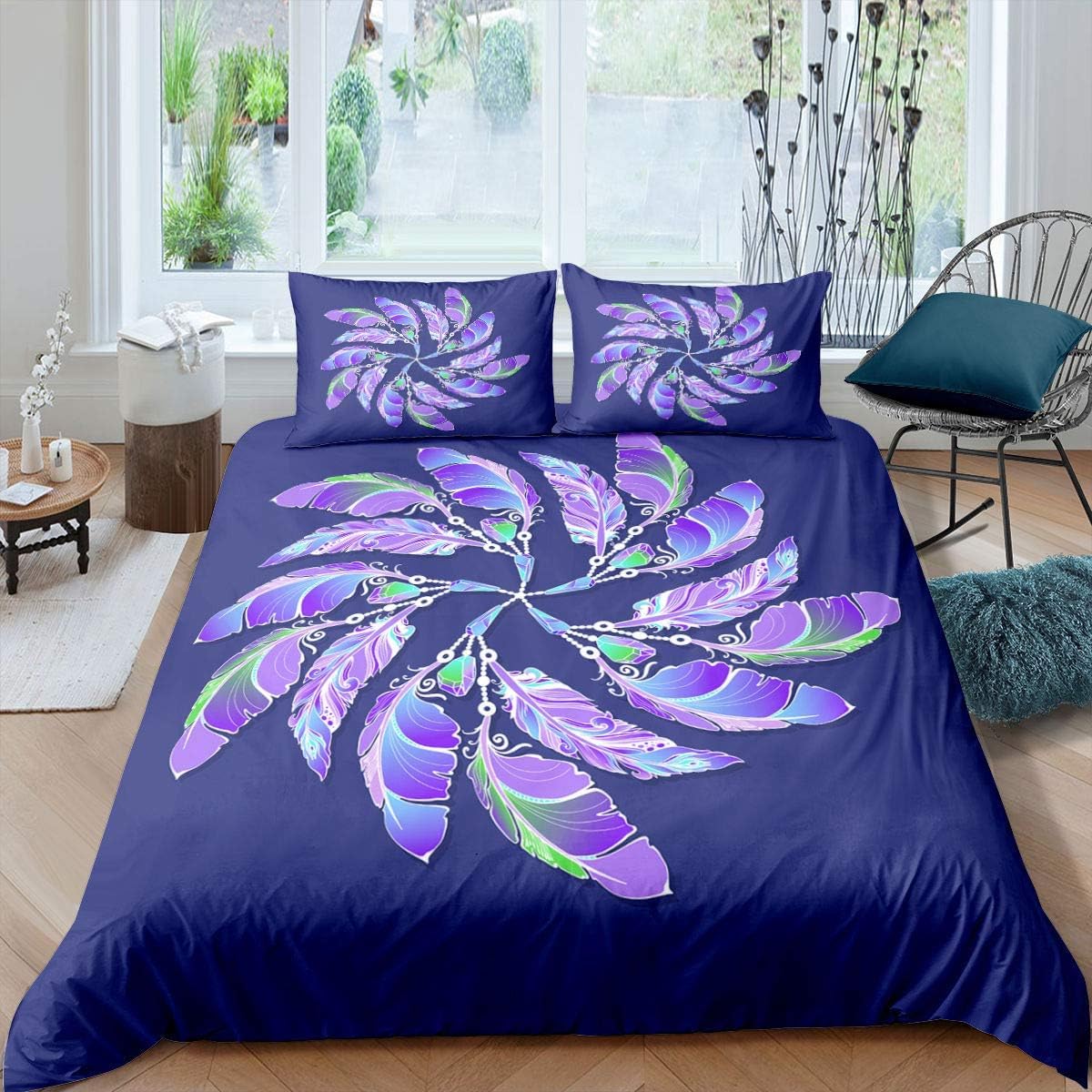 Parure de lit 2 personnes motif plumes colorées pour une chambre d'adulte moderne