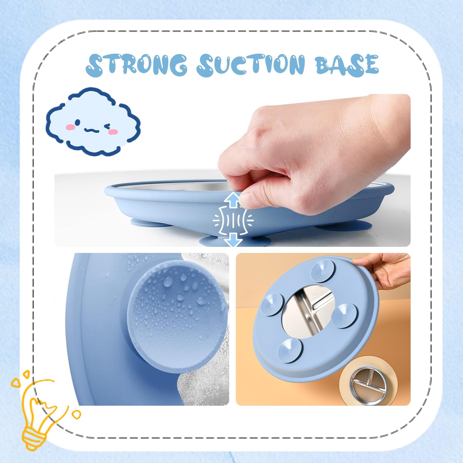 Set d'Assiettes Compartimentées pour Bébé – Assiettes en Acier Inoxydable avec Ventouse en Silicone, Couverts Bébé, Vaisselle Enfant pour Repas Sans Débordement, Sans BPA – Inclut Cuillère & Fourchett