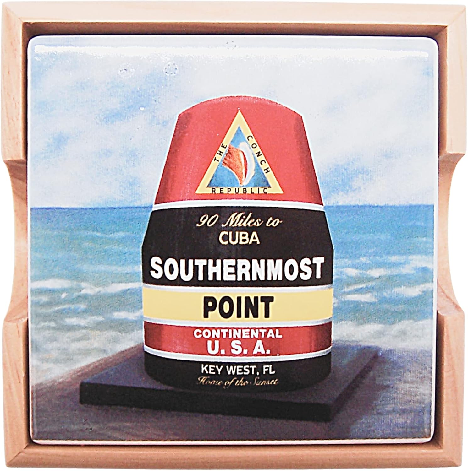 Southern Most Point Coaster Set with Wooden Coaster Holder, Nautical Kitchen & Bar Decor, Set of 4 Coasters, 4.25 Inches