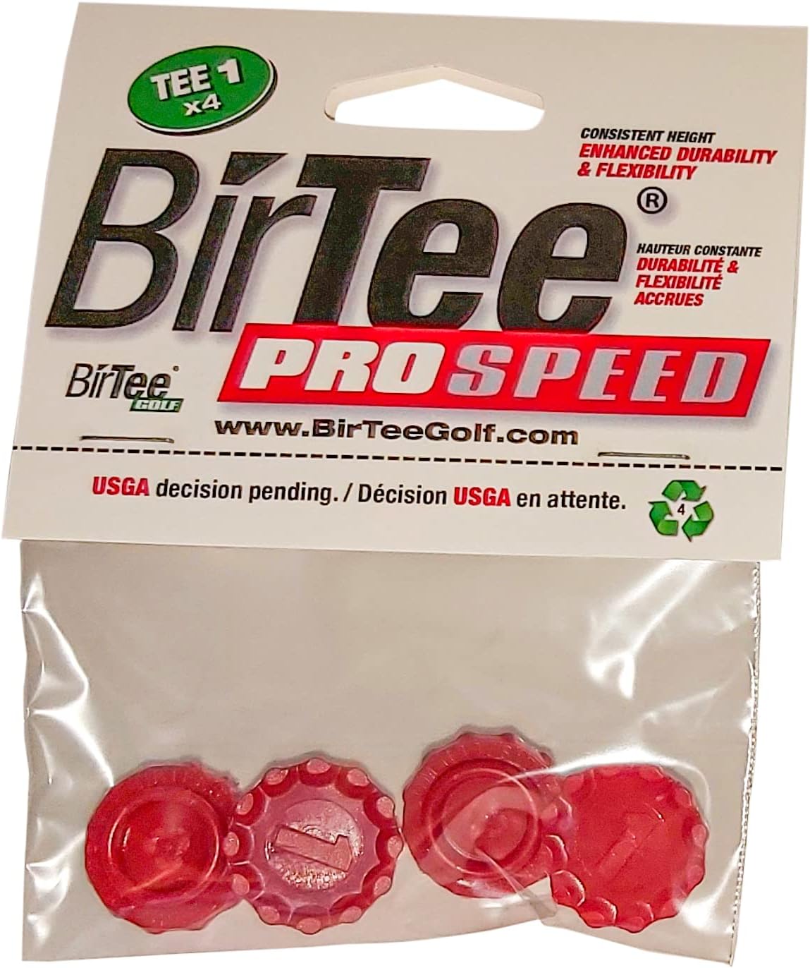 BirTee Pro Golf Tees - Size #1 (1/4") Individual Size Pack - 4 Tees Per Pack. Winter/Mat/Simulator Tees (Red)