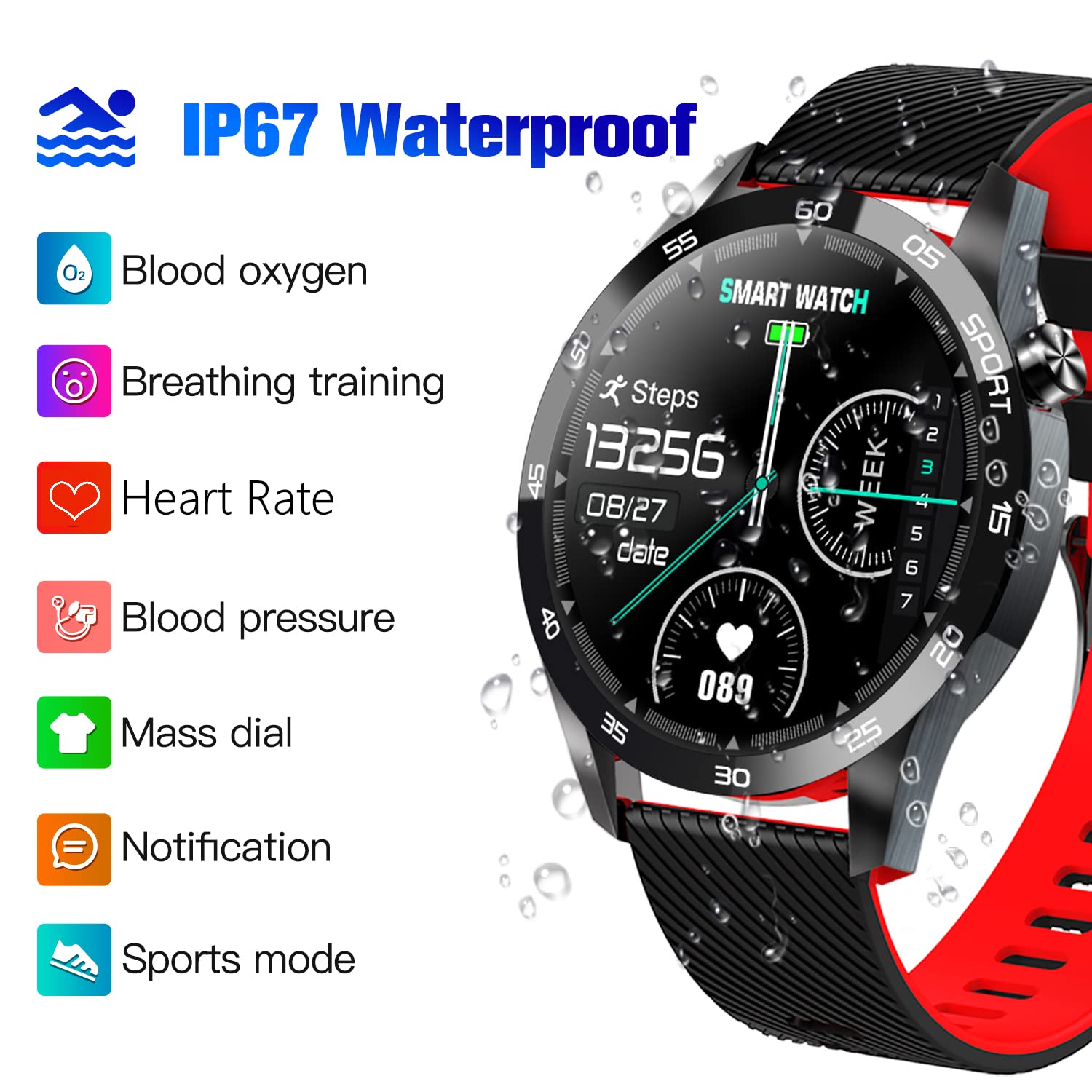 Smart Watch Fitness Trackers Wodoodporny Sport Activity Smartwatch Krokomierz Zegarki Monitorowanie tętna (czerwony)