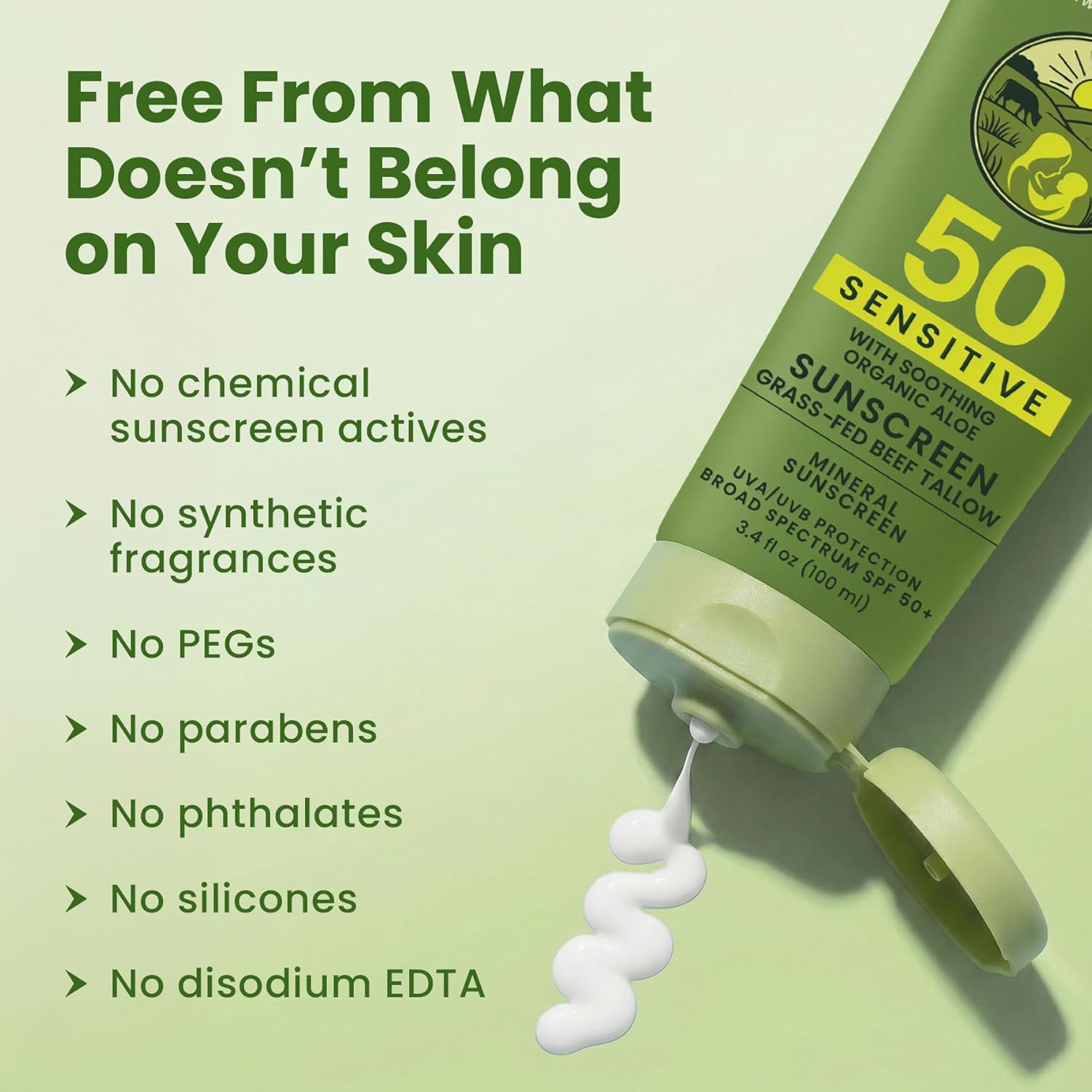 100% Mineral Sunscreen SPF 50 with Non-Nano Zinc Oxide — Reef Safe UVA/UVB Broad Spectrum Sunblock, Water Resistant 80 Min, Moisturizing Tallow Lotion for Face & Body, 3.4 fl oz - Image 4