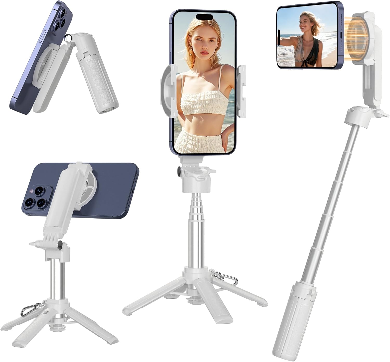 Magnetic Mini Selfie Stick for iPhone, 4 in 1 Portable Pocket Size Tripod for iPhone MagSafe/Android with Remote/Cold Shoe Mounts, Small/Compact Cell Phone Tripod Stand for Desk Travel Vlogging-White