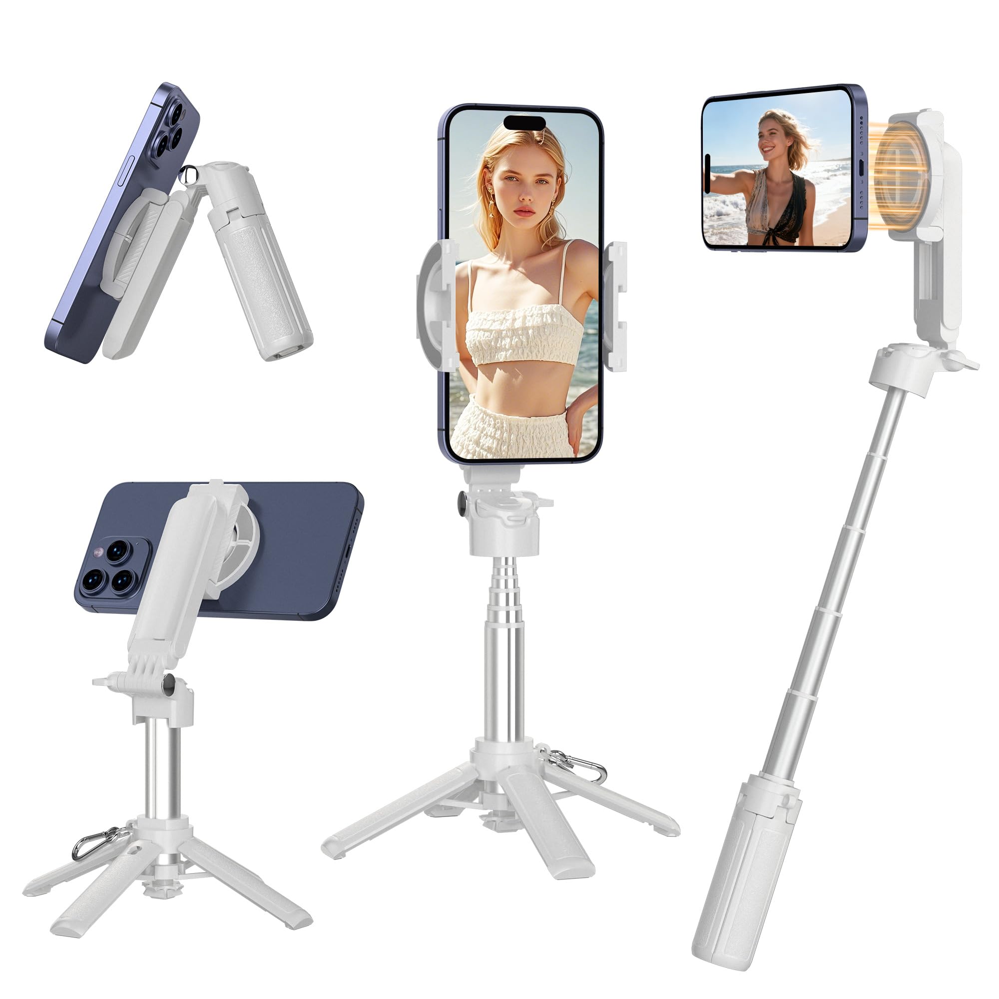 Mini selfie stick magnetico per iPhone, 4 in 1, treppiede portatile tascabile per iPhone MagSafe/Android con supporti remoto/cold shoe, treppiedi piccolo/compatto per cellulare, per scrivania, viaggi