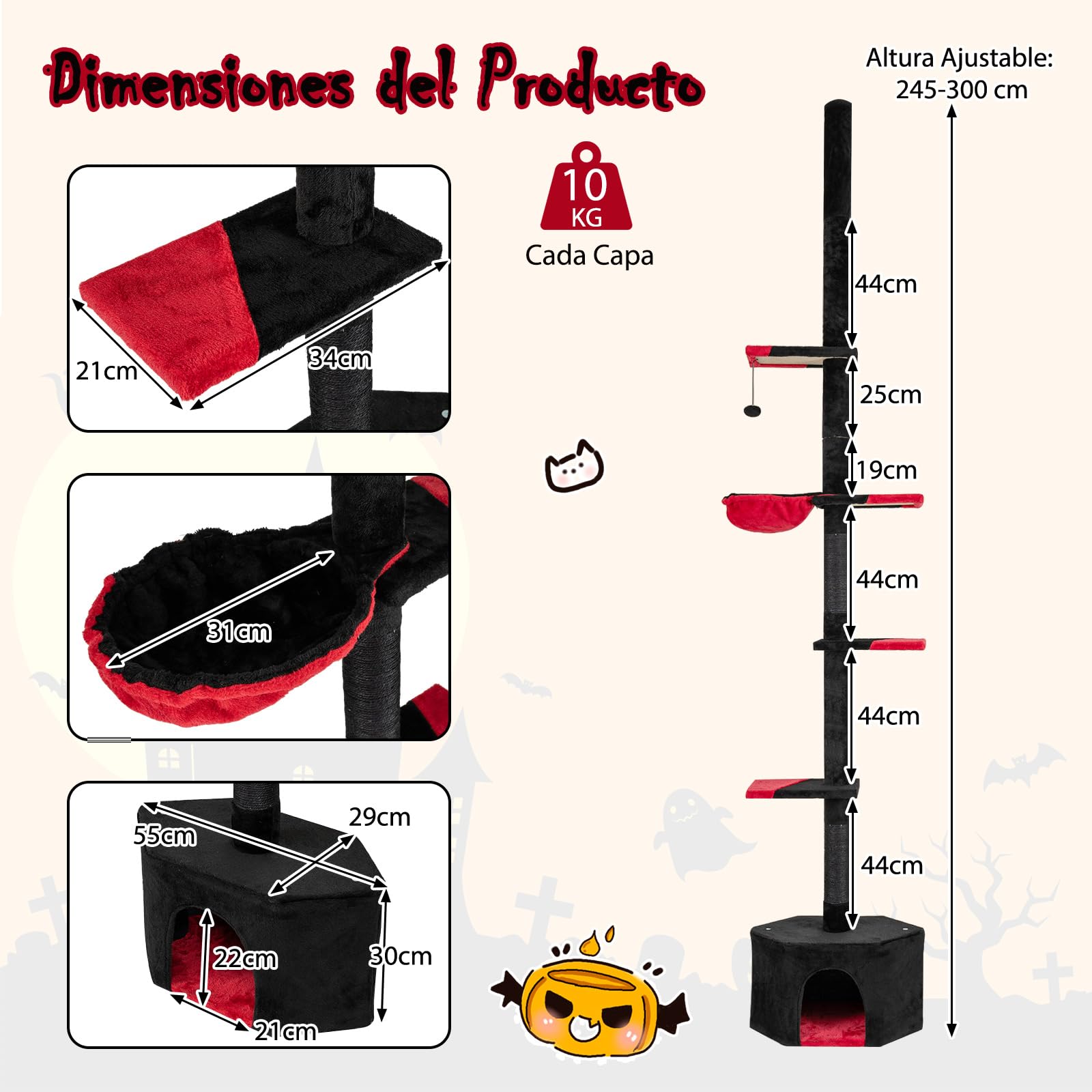 COSTWAY Árbol Rascador para Gatos Gótico de Suelo a Techo, Ajustable de 245-300 cm, Torre Alta de 5 Niveles con Caseta, Hamaca, Postes Rascadores de Sisal, Bola Colgante, Casa de Juegos para Gatitos