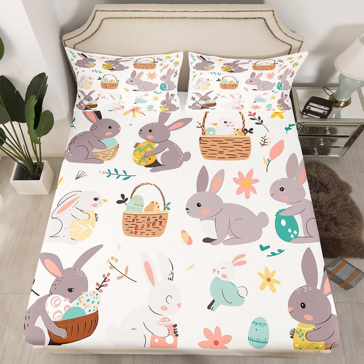 Easter Eggs Decor Kawaii Bed Sheets Full,Rainbow Easter Egg Bedding Sets Multicolor Boho Floral Fitted Sheet,Watercolor Flowers Cute Room Decor Easter Decorations for The Home